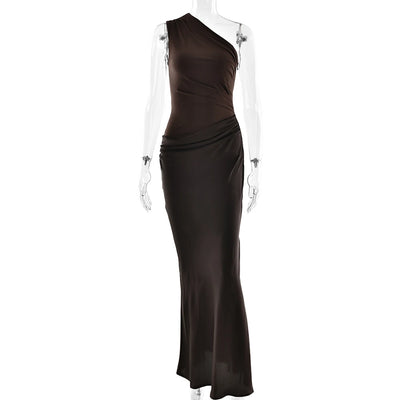 JULISSA MO Patchwork Satin Sexy One Shoulder Women Maxi Dress Brown Sleeveless Evening Dress Summer Slim Elegant Party Clubwear - Smarsty