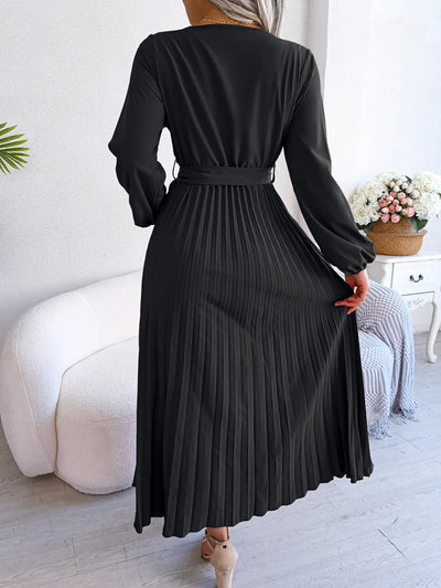 Women Elegant V Neck Long Sleeve Pleated Maxi Dress - Smarsty