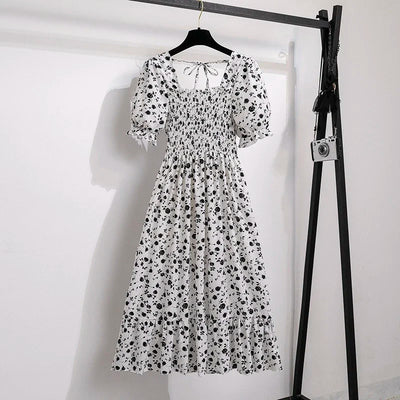 Spring Summer Chiffon Dresses Fashion Female Elastic Waist Short Sleeve Pleated Casual Dress Women A-line Dresses Vestidos - Smarsty