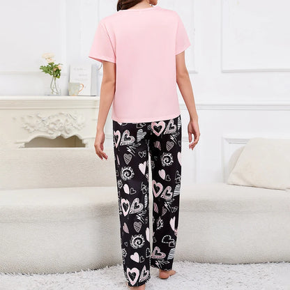 Women's Short Sleeve Crew Neck Top With Shorts And Pants 3 Piece Loungewear Sleepwear Lounge Sets Nighty Print Casual Pajama Set - Smarsty