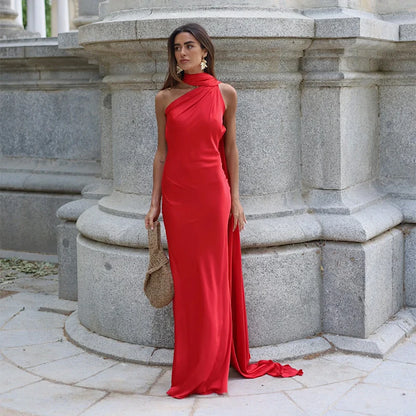 Elegant Women's Ribbon Long Satin Party Dress Halter Backless Sleeveless Female Dresses 2025 Summer Lady Solid Evening Gowns