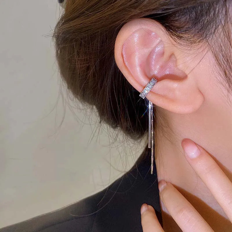 Zircon C Shape Long Tassel Ear Cuffs No Piercing Earrings - Smarsty