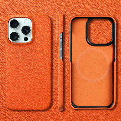 MagSafe Leather Case Natural Cowhide Lychee Finish Premium for iPhone 15, 16, 17 - Smarsty