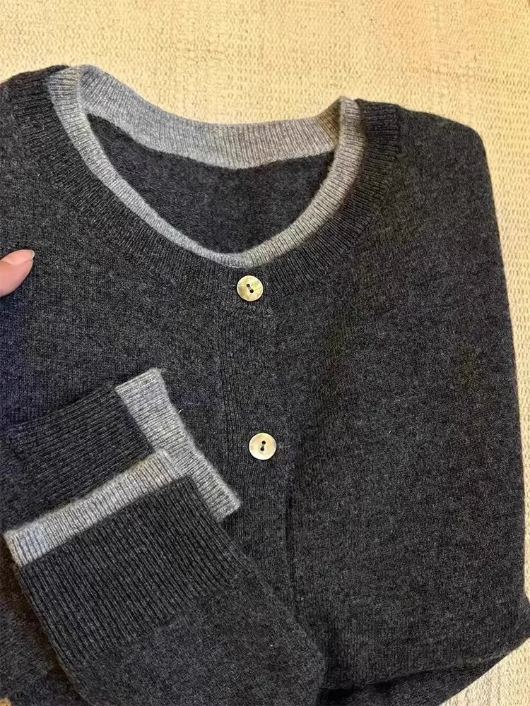 Fake two 100% pure cashmere sweater cardigan dark grey high-grade wool knit coat top - Smarsty