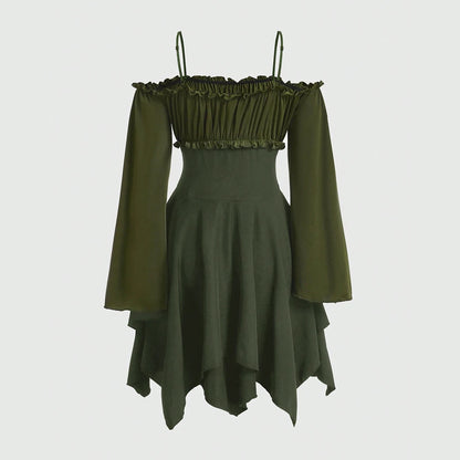 Mia Muse Women's Dresses Autumn Halloween Contrast Color Asymmetrical Hem Flounce Trim Lace Up Long Sleeve Off Shoulder Mini Dre - Smarsty