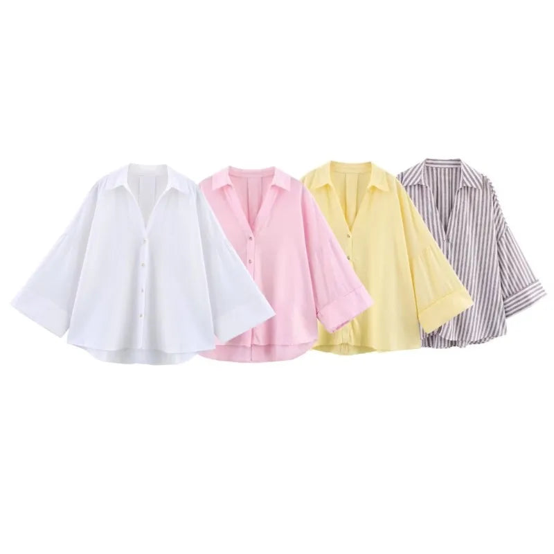 HipSeam Wide Sleeved Shirt Women Spring Asymmetric Hem Button Women's Shirts Simple Lady Johnny Collar Linen Shirts & Blouses - Smarsty