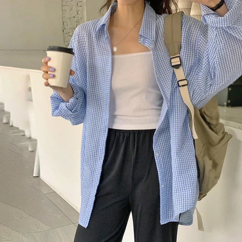 Korean Women's Shirt Sunscreen Long Sleeves Shirt Summer Women's Loose Casual Single Breasted Turndown Collar Plaid - Smarsty