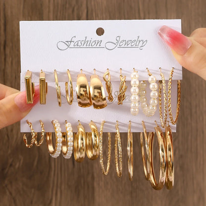 24 Pcs Vintage Silver Pearl Hoop Earrings Set - Smarsty