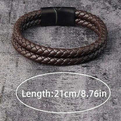 Mens Braided Leather Bracelet Double Band Bangle - Smarsty