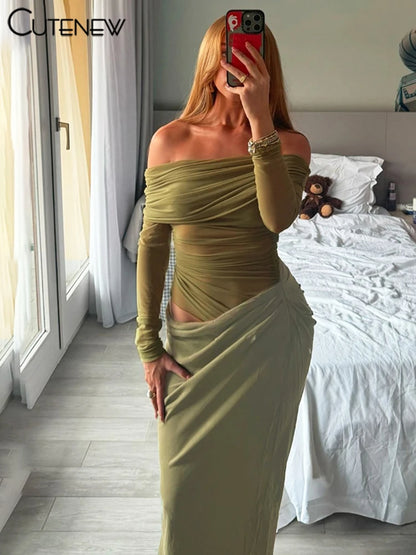 Cutenew Mesh Ruched Women Maxi Dress Sexy See Through Off Shoulder Long Sleeve Sheath Vestidos Female Midnight Party Solid Robe - Smarsty