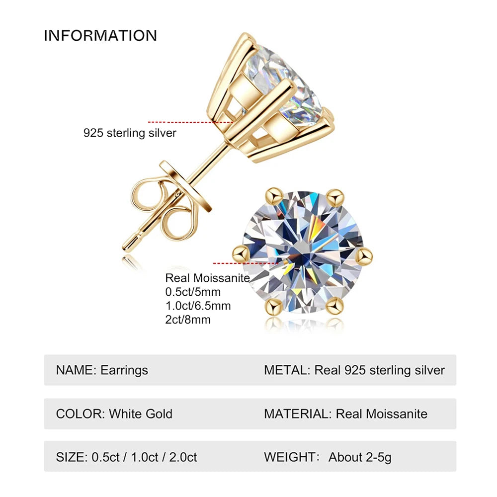 Moissanite Stud Earrings 0.5-2ct 18K Gold Plated Luxury - Smarsty