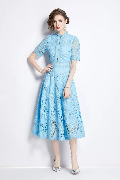H Han Queen Spring New Elegant Casual Work Party Dresses Floral Crochet Hollow Out Lace Patchwork Casual Office Midi Dress - Smarsty