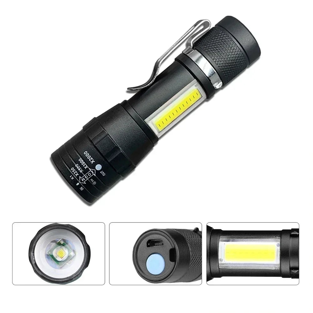 Portable Rechargeable LED Flashlight with Pen Clip Zoomable Waterproof Torch with Side Light Outdoor Camping Emergency Lantern - Smarsty