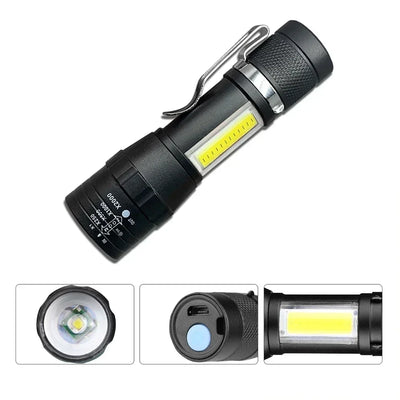 Portable Rechargeable LED Flashlight with Pen Clip Zoomable Waterproof Torch with Side Light Outdoor Camping Emergency Lantern - Smarsty