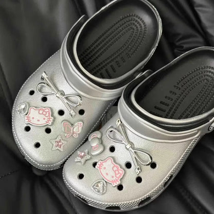 MINISO Hello Kitty Silvery Shoe Charms Set Cute Cartoon Plastics Decorations for Clogs & Sandals Perfect Gift for Boy Girl