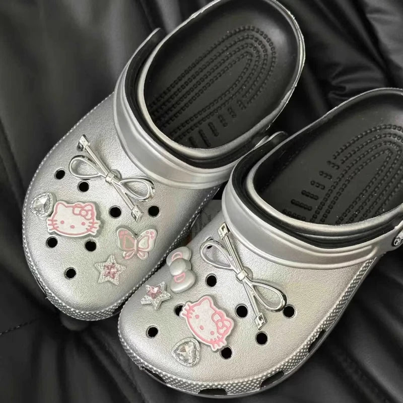 MINISO Hello Kitty Silvery Shoe Charms Set Cute Cartoon Plastics Decorations for Clogs & Sandals Perfect Gift for Boy Girl