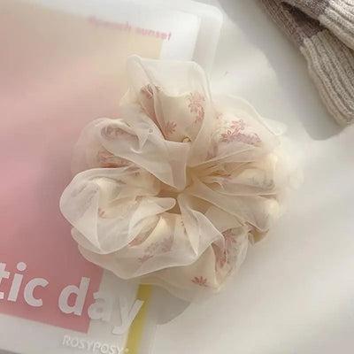 Double Layer Silk Hair Scrunchies Floral Soft Ponytail - Smarsty