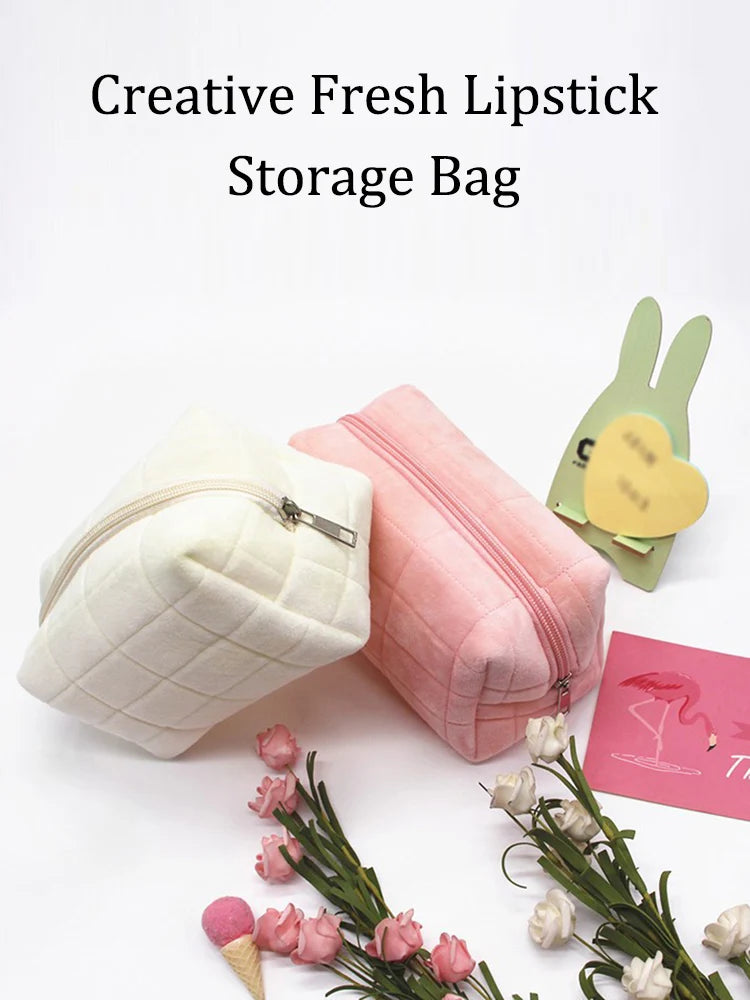 Cute Plush Makeup Bag for Women Portable Travel Small Cosmetic Bags Solid Color Zipper Toiletry Bag Washing Pouch Storage Bags - Smarsty