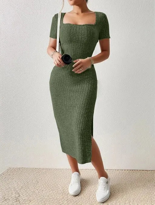 Summer Square Neck, Hip-Hugging Mid-Length Skirt, Short-Sleeved, Versatile Knitted Slit Dress - Smarsty