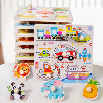 Wooden Puzzle Montessori Toys for Kids Cartoon Animal Traffic Hand Grab Boards Early Learning Educational Toys for Children - Smarsty