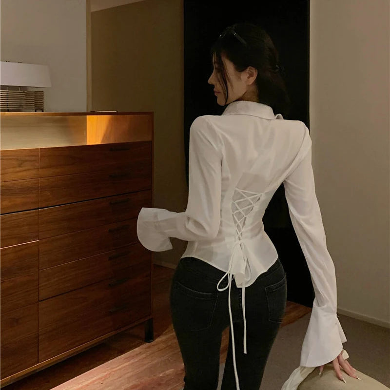 Gidyq Fashion Women Bandage Shirts Korean All Match Streetwear Female Slim Blouse Spring Casual White Bell Sleeve Shirt New - Smarsty