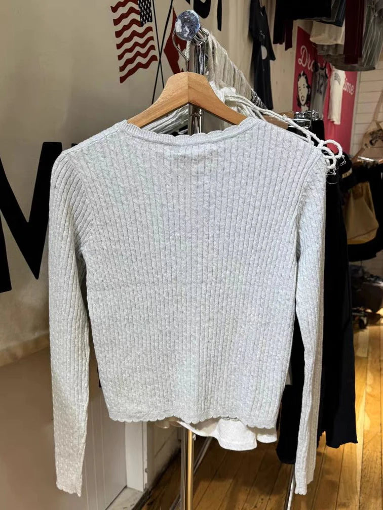 Pockets Twist Flower Knitted Sweater Cardigan O-Neck Single Breasted Long Sleeve Slim Sweaters Vintage Streetwear Gray Crop Tops - Smarsty