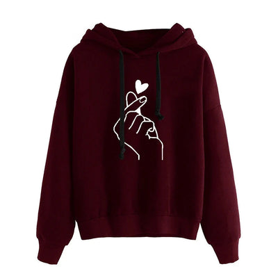 Autumn Fleece Hoodie Solid Color Finger Heart Hooded Korean Fashion Sweatshirts Long Sleeve Top Drawstring Pockets Loose Hoodies - Smarsty