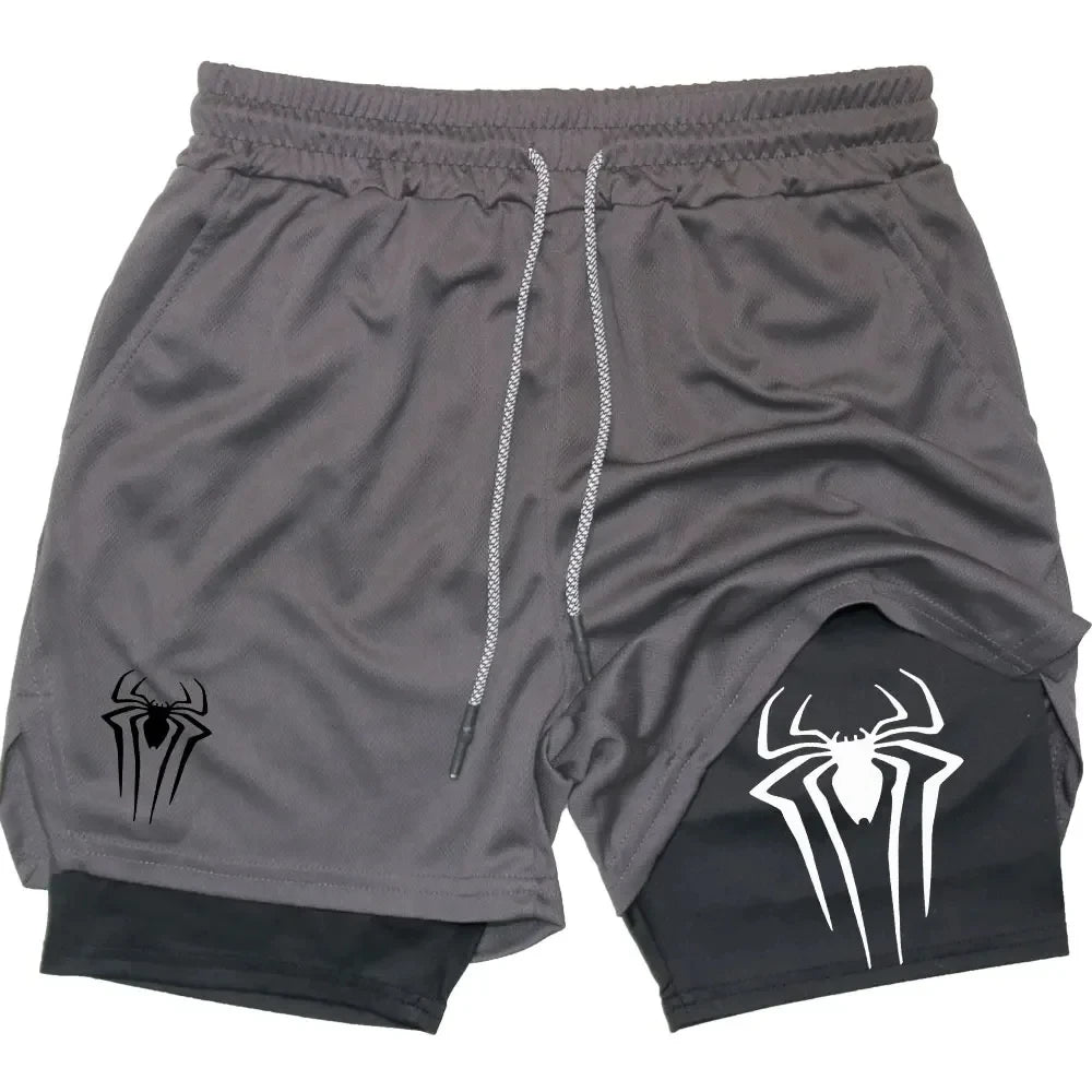 Y2K Performance Shorts Men Spider Printed GYM Casual Sports Compression Shorts Workout Running Mesh 2 In 1 Sport Short Pants - Smarsty