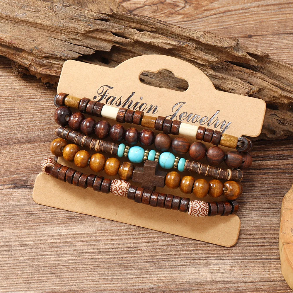 Ethnic Wood Bead Cactus Charms Bracelets for Women - Smarsty