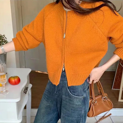 Autumn Winter Short Knitting Cardigan Women Solid Color Long Sleeve Round Neck Sweater Jacket 2025 Casual Zipper Sweater Coats - Smarsty