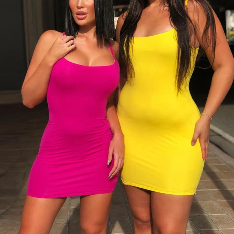 Summer Spaghetti Strap Mini Dress 2025 Women Sexy Bodycon Club Party Dresses Short Female Camisole Solid Black Sheath Sundress - Smarsty