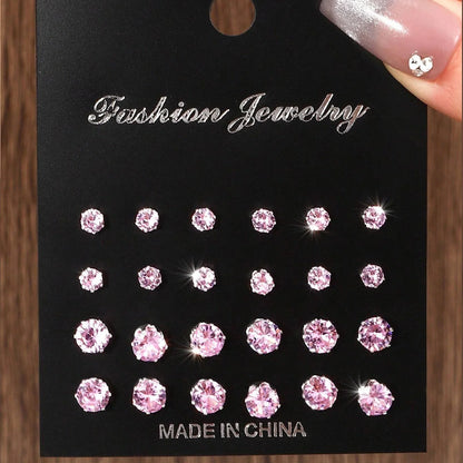 12 Pairs Zirconia Stud Earrings Gift Set Luxurious Shiny - Smarsty