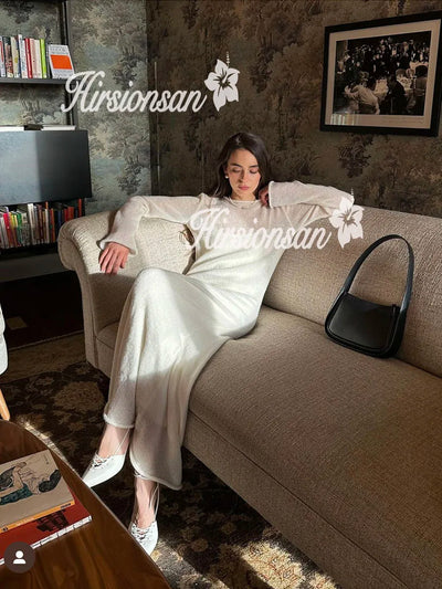 Hirsionsan Spring Autumn O-Neck Elastic Knit Long Dresses Women 2024 Elegant Chic Soft Lady Hollowing Sweater Dresses Femme New - Smarsty