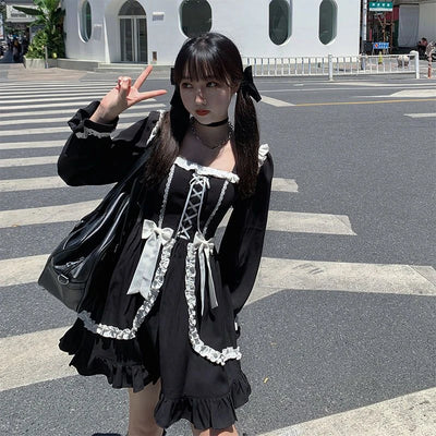 Harajuku Sweet Bow Black Plaid Dresses All-match Slim Fit Kawaii Lolita Dress for Women Autumn New Long Sleeve Vestidos De Mujer - Smarsty
