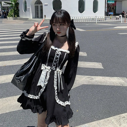 Harajuku Sweet Bow Black Plaid Dresses All-match Slim Fit Kawaii Lolita Dress for Women Autumn New Long Sleeve Vestidos De Mujer - Smarsty