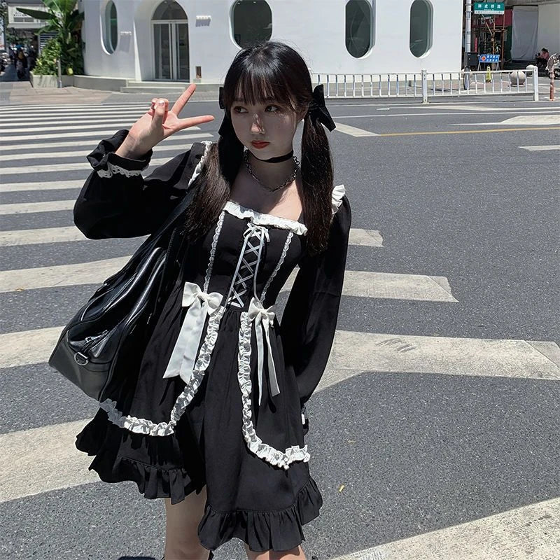 Harajuku Sweet Bow Black Plaid Dresses All-match Slim Fit Kawaii Lolita Dress for Women Autumn New Long Sleeve Vestidos De Mujer - Smarsty