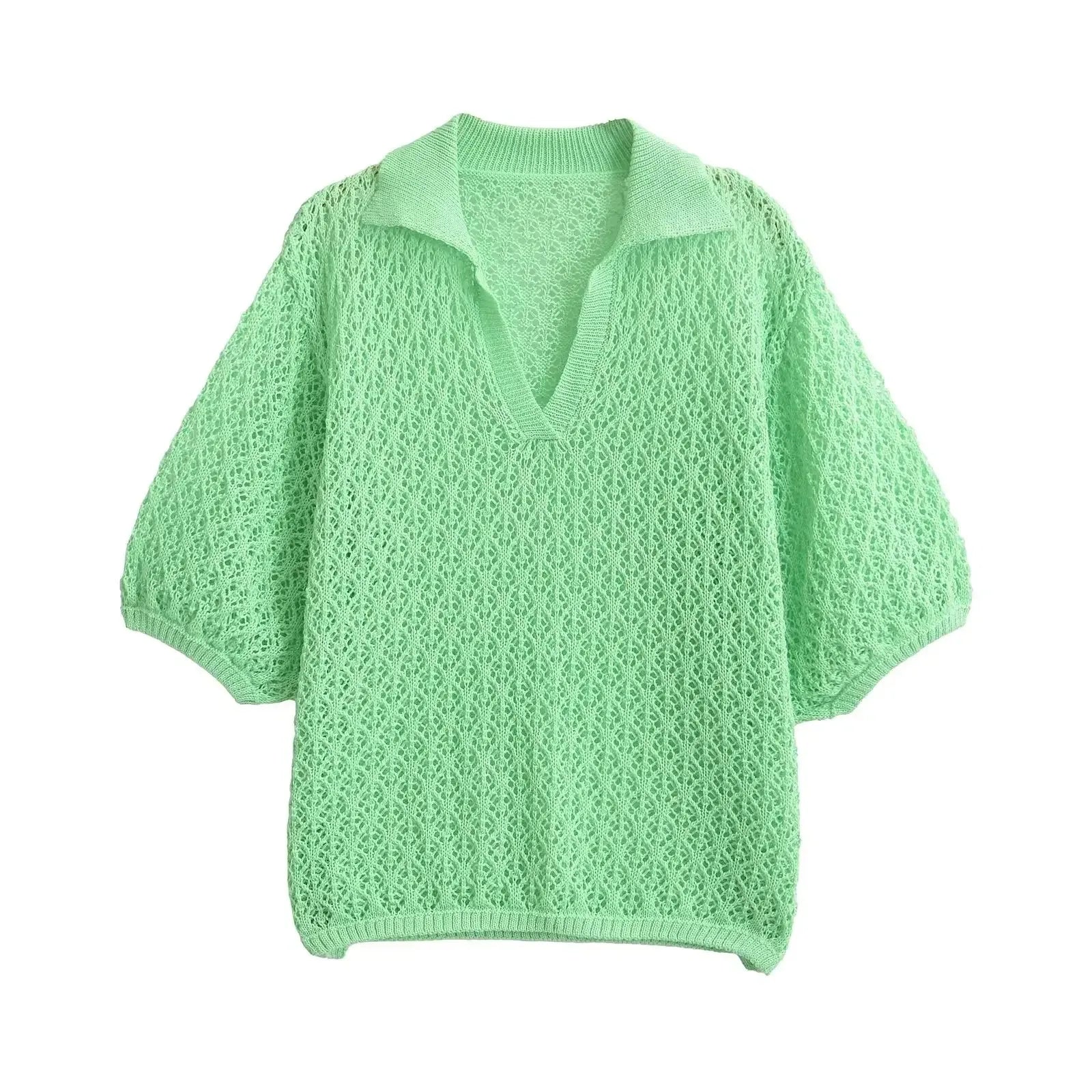 TRAFSHE Women Fashion Jacquard Solid Knitted Hollow Out Pullover Sweater Vintage Lapel Neck Short Sleeve Female Chic Lady Tops - Smarsty