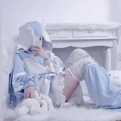Girls Stitch Woman Clothing Subculture Japanese Hoodie Blue White Autumn Woman Sweatshirts Zipper Winter y2k Clothes Hoodies - Smarsty