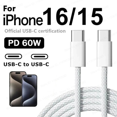 Original 60W PD USB-C USB C Fast Charger Cable For Apple iPhone 17 Air 16 Pro Max 15 Plus Type C Quick Charging Xiaomi Samsung - Smarsty