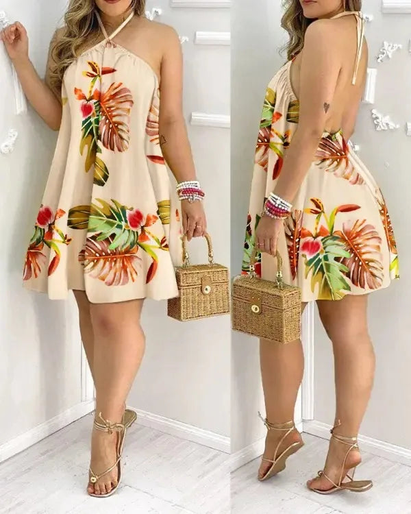 Tropical Print Halter Neck Dress, Vacation Style Backless Dress For Spring & Summer, Women's Clothing - Smarsty