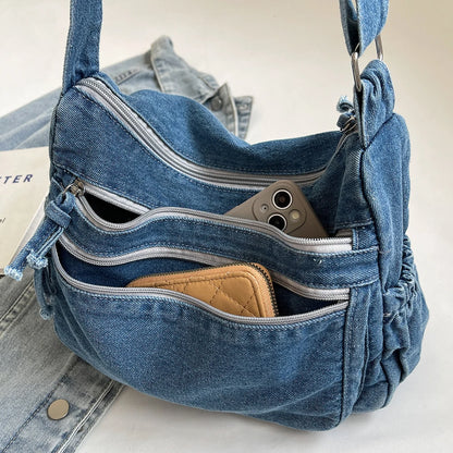Vintage Denim Shoulder Bag Large Capacity Satchel For Women - Smarsty