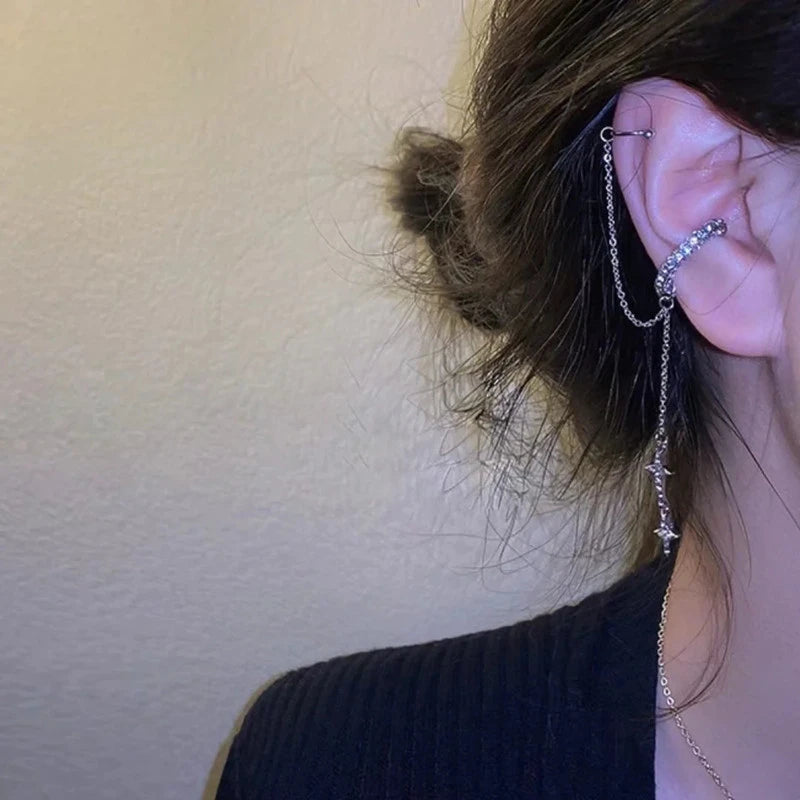 Shiny Silver Crystal Tassel Non-Piercing Ear Clip Earrings - Smarsty