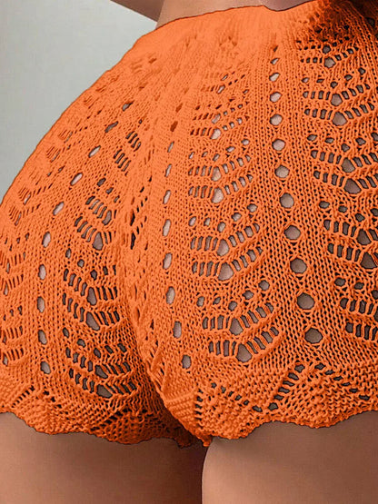 Polyester100.00% Hollow Drawstring Open Waist Knitted Bikini Blocked Women's Shorts - Smarsty