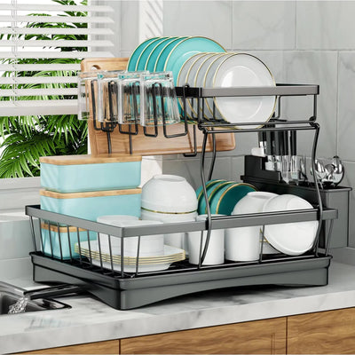 Large 2-tier dish drying rack for kitchen countertops, removable large-capacity dish draining rack by Smarsty