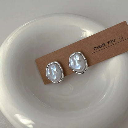Geometric Metal Pearl Stud Earrings Minimalist Trendy - Smarsty