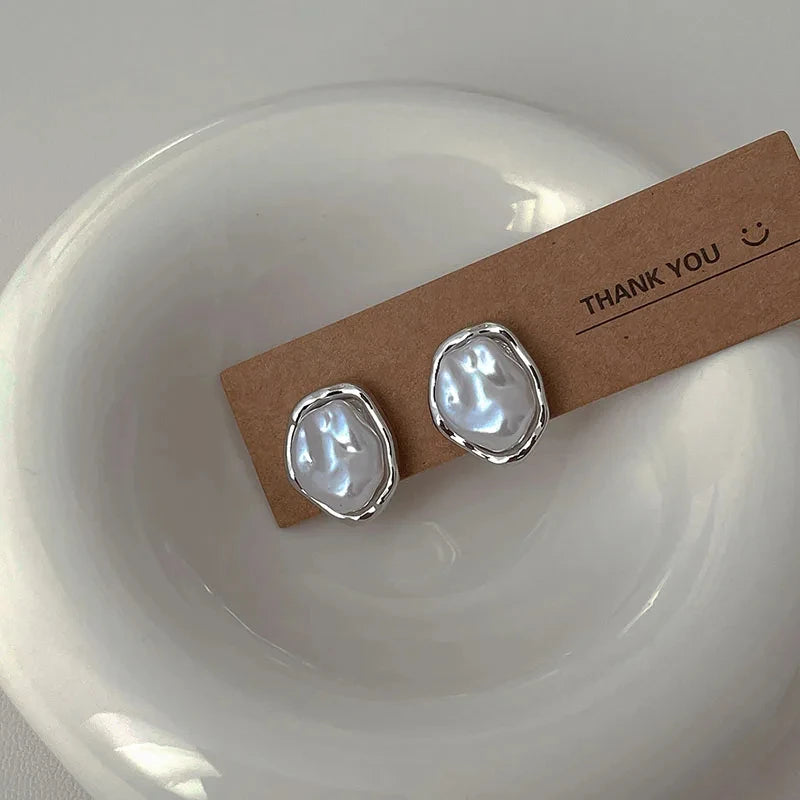 Geometric Metal Pearl Stud Earrings Minimalist Trendy - Smarsty