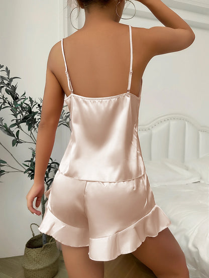 Simple Satin Pajama Set Long Sleeve Belted Robe  V Neck Cami Top And Shorts Women's Sleepwear - Smarsty