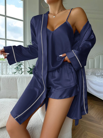 Simple Satin Pajama Set Long Sleeve Belted Robe  V Neck Cami Top And Shorts Women's Sleepwear - Smarsty