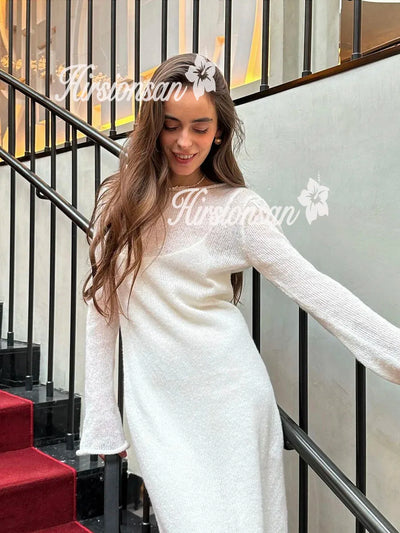 Hirsionsan Spring Autumn O-Neck Elastic Knit Long Dresses Women 2024 Elegant Chic Soft Lady Hollowing Sweater Dresses Femme New - Smarsty