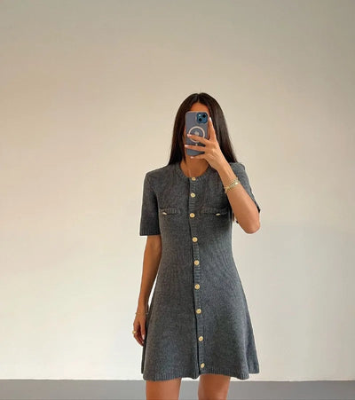 Trendix Elegant Knit Mini Dress Women Street Slim High Waist Short Sleeve Rib Sweater Dresses Vacation Bodycon Knitwear Dress - Smarsty